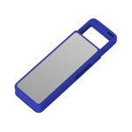 A blue flash drive with a metallic silver panel, featuring a logo on the surface.