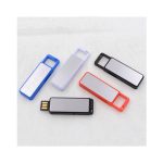 Five flash drives in blue, purple, red, black, and silver, featuring a metallic surface and various casing colours.