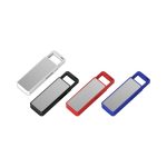 A collection of four flash drives in white, black, red, and blue, featuring a metallic surface and a logo.