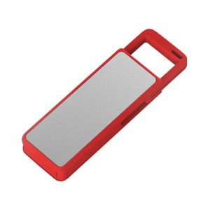 A red flash drive with a sleek silver surface and a rectangular design, featuring a built-in handle.