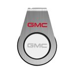 A silver flash drive with a circular white section and logos, featuring a sleek, modern design.