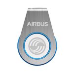 A silver flash drive with a blue accent and a circular design, featuring a logo on the front.