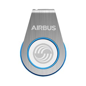 A silver flash drive with a blue accent and a circular design, featuring a logo on the front.