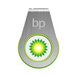 A silver and green flash drive with a circular design and a logo featuring a yellow and green pattern.