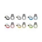 A collection of light-up flash drives in black, silver, red, blue, green, and yellow with a circular design and branding.