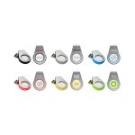 A collection of flash drives in various colours including red, blue, green, and grey, featuring multiple logos on them.