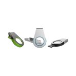 Three flash drives in various colours: black, silver, and green. Each features a circular design with a central opening and a logo.