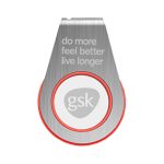 A silver and red flash drive with a circular design and a logo. Features text in a sleek font.
