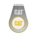 A metallic flash drive with a yellow and white circular design, featuring a logo.