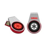 A silver and red LED flash drive with a logo, featuring a swivel design and USB connector.