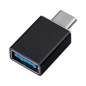A black USB 3.0 to Type-C adapter with a blue connector port and sleek design. It features a logo.