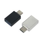 A black and silver USB 3.0 to Type-C adapter with a logo, featuring two distinct colour options.