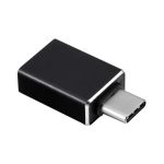 A black USB 3.0 to Type-C adapter with a sleek design and a metallic connector. Features a logo on the body.