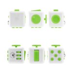 A fidget cube featuring a white body with bright green accents, showcasing various tactile buttons and switches.