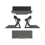 A sleek, black ultra slim laptop stand displayed from various angles, showcasing its compact design and an understated logo.