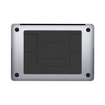 A laptop stand in silver and black with a sleek design, featuring a textured base and rounded corners.