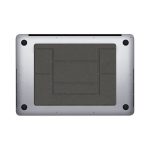 A slim laptop stand with a textured grey surface and a silver metal frame, featuring multiple compartments.