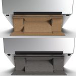 A slim laptop stand in brown and grey colours, designed for elevated laptop positioning. Features a logo.