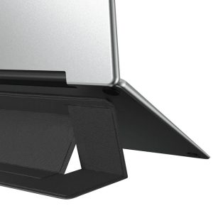 A slim black laptop stand with a sleek silver surface, designed for optimal device support. It features a minimalist design and branding.