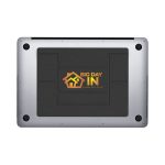 A sleek silver laptop stand with a black base and a logo in the centre.