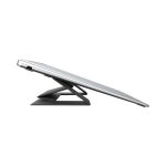 A slim, silver laptop stand with a black base, designed for ergonomic viewing angles. Features a minimalist design and branding.