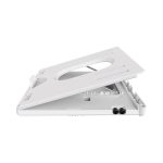 A white foldable laptop stand with an adjustable angle and ventilation holes, featuring a branding logo.