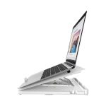 A foldable laptop stand in white, featuring a laptop positioned at an angle on its surface.