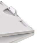 A foldable laptop stand in white with a modern design, featuring an adjustable angle and a logo.