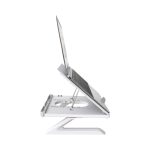 A foldable laptop stand in white, designed to elevate a laptop at an adjustable angle.