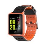 A smartwatch in orange and black with a digital display showing time and fitness metrics. It has a sporty design and strap.