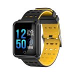 A black and yellow smartwatch with a square face displaying the time and date. It features a logo on the side.