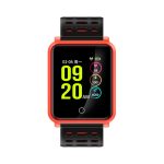 A smart watch featuring a black and red design with a touchscreen display and various icons. It has a logo.
