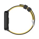 A black and yellow smart watch with a sleek design and a logo on the strap.