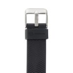A smart band with a black rubber strap and silver buckle, featuring a logo on the strap.