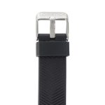 A black smart band with a silver buckle and a textured strap featuring a logo.