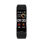 A black smart band with a digital display showing time, heart rate, and temperature, featuring a logo on the side.
