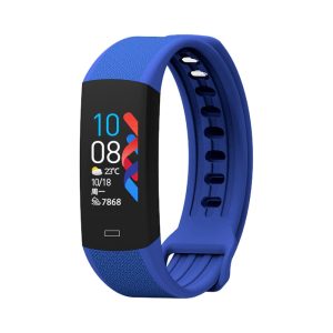 A blue smart band with a digital display and a textured silicone strap. It features a logo on the screen.