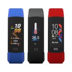 A smart band available in blue, black, and red, featuring a digital display with various metrics and a logo.