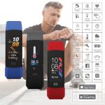 A collection of Kelvin Smart Bands in blue, black, and red, featuring a digital display and fitness monitoring icons.