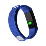 A blue smart band with a black display and a textured strap, featuring a logo on one side.