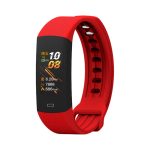 A red fitness band with a digital display showing various metrics. It has a textured strap and a branding logo.