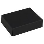 A black rectangular gift box with a sleek design, featuring a simple, unembellished appearance.