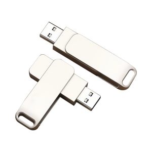 A silver USB flash drive with a sleek design, featuring two sizes side by side. It includes a branding logo.