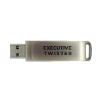 A silver flash drive with a twist design and a branding logo. It features a USB 3.0 connection for technology use.
