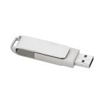 A silver USB flash drive with a twist mechanism and a logo on the side.
