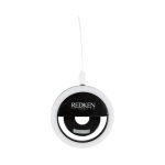 A round, white LED selfie light with a black centre and a white charging cable, featuring a logo.