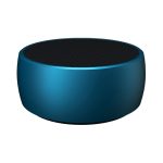 A round, turquoise wireless speaker with a textured black top and a smooth, curved body.