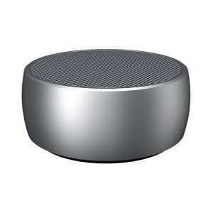 A round, silver wireless speaker with a mesh top, featuring a sleek and modern design.