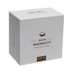 A white box featuring a logo and text, containing a portable wireless speaker in a gold colour.