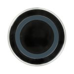 A round, black wireless charger with a grey accent ring and a sleek, glossy surface. Features a branding logo.
